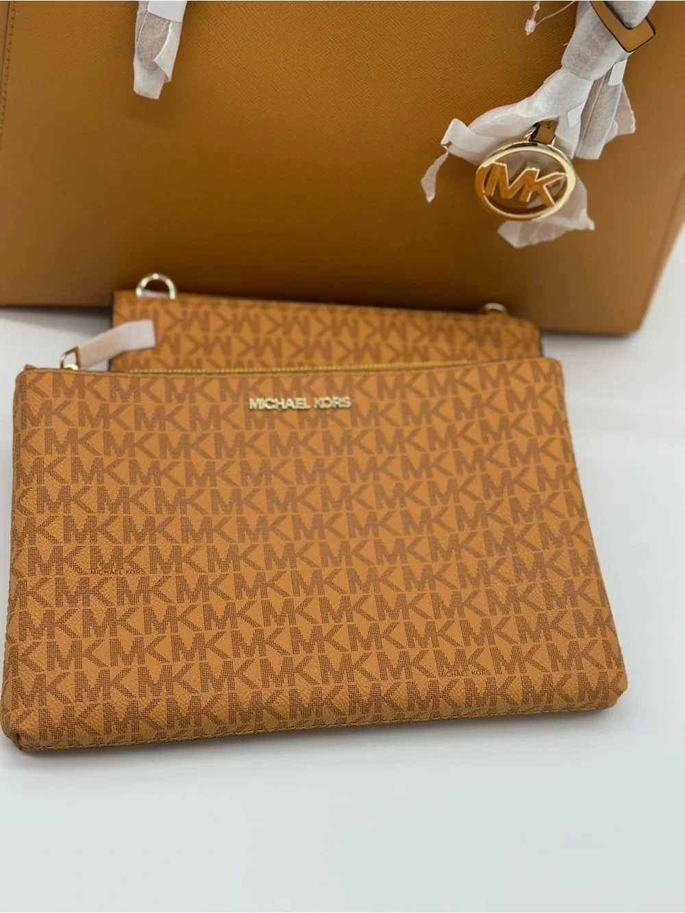 Michael Kors Mustard Tan Saffiano Leather Tote with Matching Wallet Trio